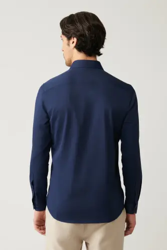 Erkaklar uchun ko'k atlas ko'ylak 100% paxta Klassik yoqa Slim Fit B002002 - 4