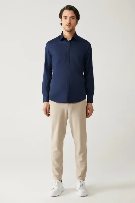 Erkaklar uchun ko'k atlas ko'ylak 100% paxta Klassik yoqa Slim Fit B002002 - 5