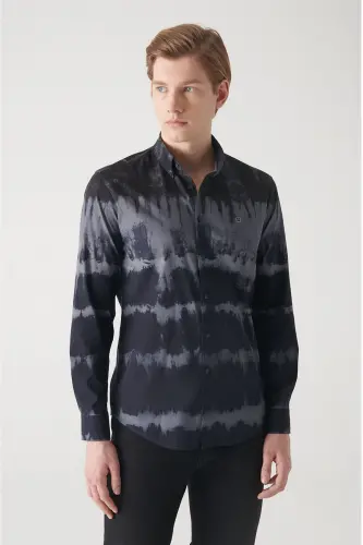 Erkaklar uchun ko'k bosma tugmali yoqa, 100% paxta, slim fit, tor kesilgan ko'ylak A22y2070 