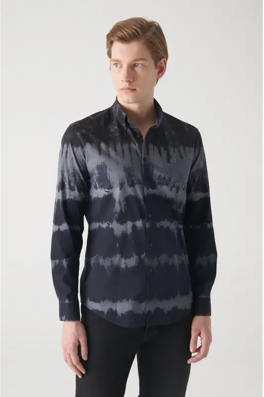 Erkaklar uchun ko'k bosma tugmali yoqa, 100% paxta, slim fit, tor kesilgan ko'ylak A22y2070 - AVVA