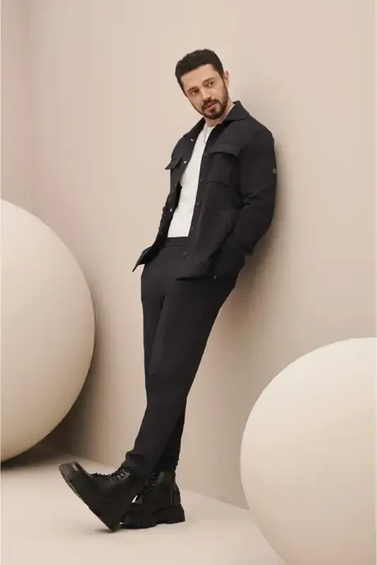 Erkaklar uchun ko'k chino shimlari, diagonali naqshli to'qilgan karot fit A32y3061 - 1