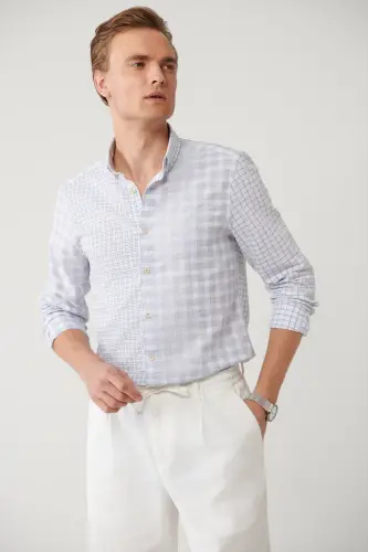 Erkaklar uchun ko'k ko'ylak tugmali yoqa, skotchli yamoq, zig'ir aralashmasi, Regular Fit A41y2052 