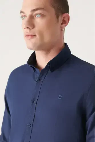 Erkaklar uchun ko'k Oxford ko'ylak 100% paxta tugmali yoqa Regular Fit B002003 - AVVA (1)