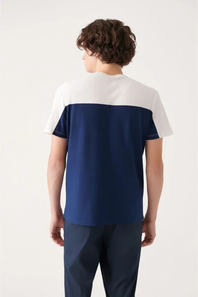 Erkaklar uchun ko'k rangli 100% paxta krep matosi bisiklet yoqali, yamoq tafsilotlari bilan regular fit t-shirt - 4