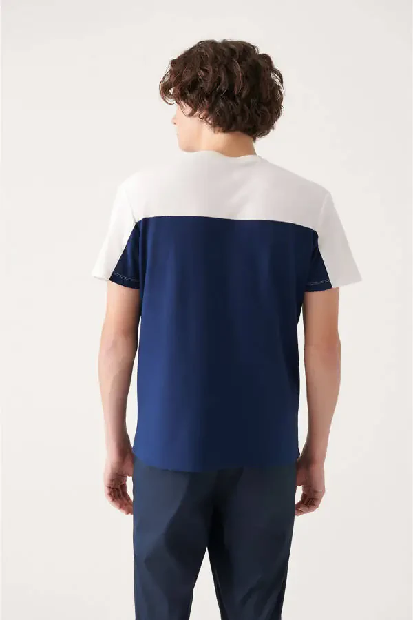 Erkaklar uchun ko'k rangli 100% paxta krep matosi bisiklet yoqali, yamoq tafsilotlari bilan regular fit t-shirt - 4