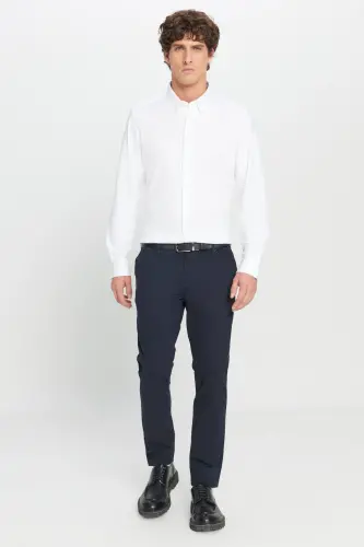 Erkaklar uchun ko‘k rangli kanvas slim fit tor kesim yon cho‘ntakli elastik chino shim - 5