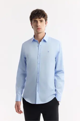 Erkaklar uchun ko'k rangli klassik yoqali 100% paxta saten Slim Fit ko'ylak B002006 - 6