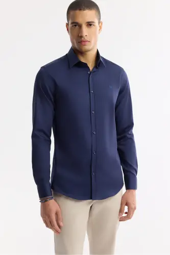 Erkaklar uchun ko'k rangli klassik yoqali 100% paxta saten Slim Fit ko'ylak B002006 - 6