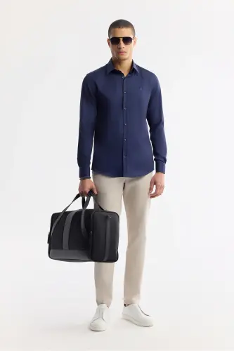 Erkaklar uchun ko'k rangli klassik yoqali 100% paxta saten Slim Fit ko'ylak B002006 - 7