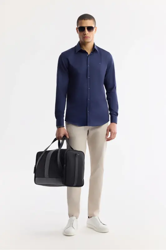 Erkaklar uchun ko'k rangli klassik yoqali 100% paxta saten Slim Fit ko'ylak B002006 - 7