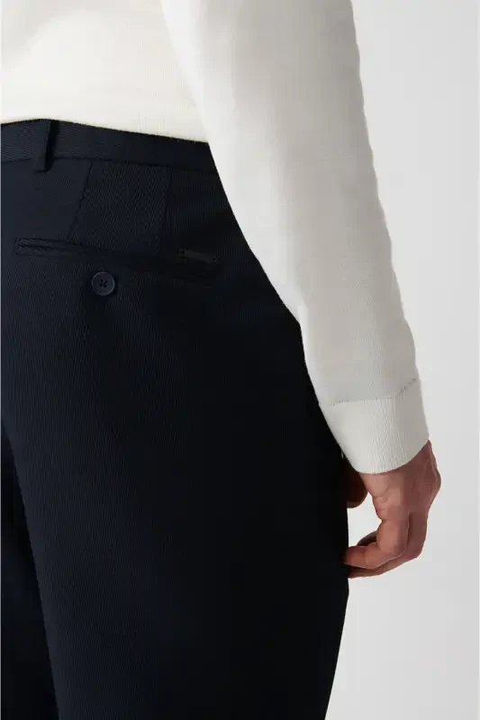 Erkaklar uchun ko'k rangli kostyum shimlari, yon cho'ntaklar, elastik bel, gofri mato, Slim Fit A32y3222 - 7