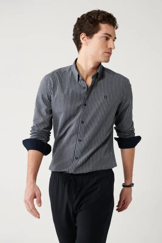 Erkaklar uchun ko'k rangli ko'ylak, pastki britaniyalik yoqa, 100% paxta, chiziqli, Slim Fit A32y2010 - 1