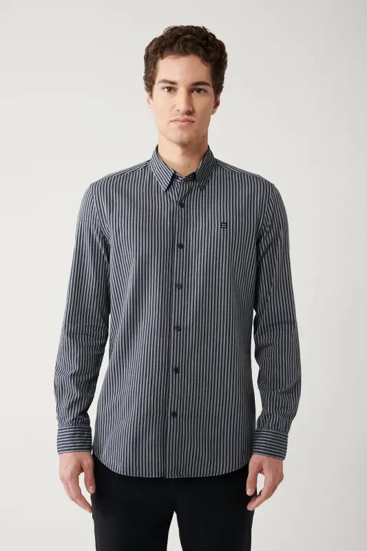 Erkaklar uchun ko'k rangli ko'ylak, pastki britaniyalik yoqa, 100% paxta, chiziqli, Slim Fit A32y2010 - 4