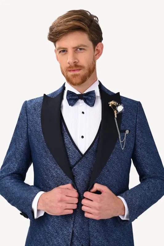 Erkaklar uchun ko'k rangli qaldirg'och yoqasi Slim Fit dam olish kostyumi - 3