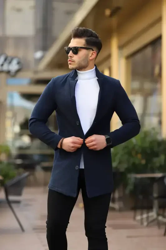 Erkaklar uchun ko'k rangli slim fit tik yoqa kashmir paltosi - 2