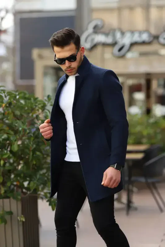 Erkaklar uchun ko'k rangli slim fit tik yoqa kashmir paltosi - 3