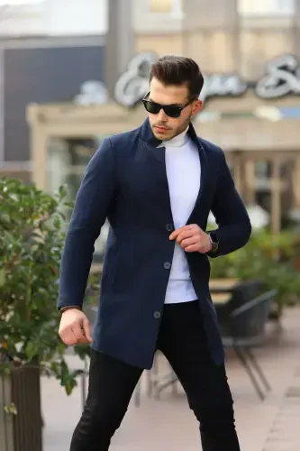 Erkaklar uchun ko'k rangli slim fit tik yoqa kashmir paltosi - 4