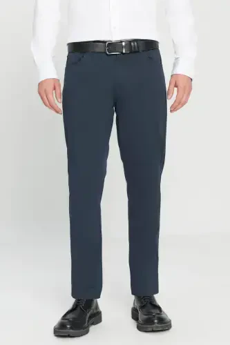 Erkaklar uchun ko'k rangli slim fit tor kesim 5 cho'ntakli paxta kanvasli elastik chino shimi - 1