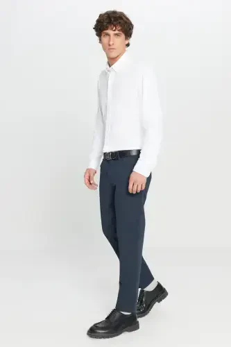Erkaklar uchun ko'k rangli slim fit tor kesim 5 cho'ntakli paxta kanvasli elastik chino shimi - 5
