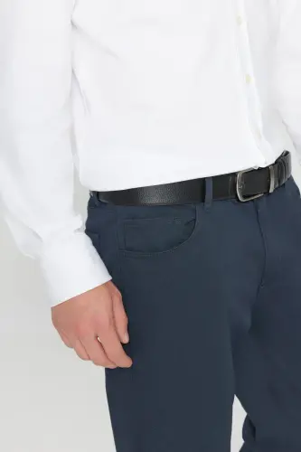 Erkaklar uchun ko'k rangli slim fit tor kesim 5 cho'ntakli paxta kanvasli elastik chino shimi - 6