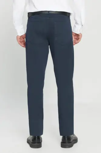 Erkaklar uchun ko'k rangli slim fit tor kesim 5 cho'ntakli paxta kanvasli elastik chino shimi - 7