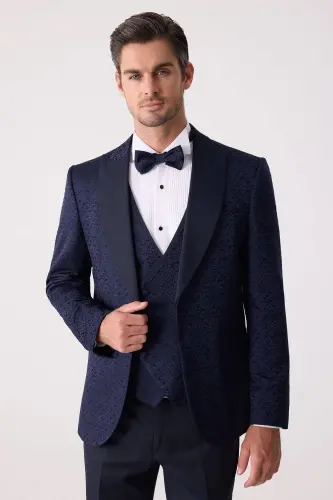 Erkaklar uchun ko'k rangli Slim Fit to'y kostyumi qaldirg'och yoqali naqshli - YSF (1)