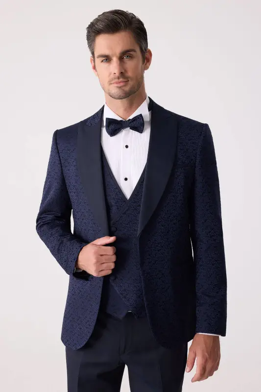 Erkaklar uchun ko'k rangli Slim Fit to'y kostyumi qaldirg'och yoqali naqshli - 2