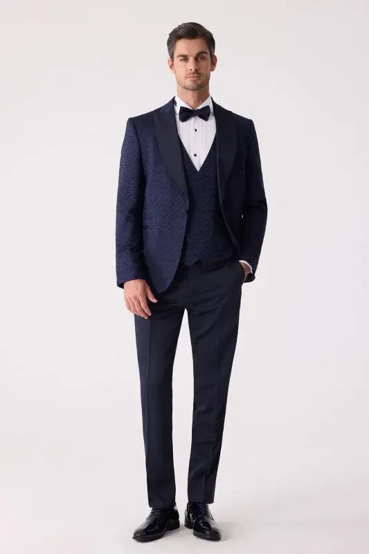 Erkaklar uchun ko'k rangli Slim Fit to'y kostyumi qaldirg'och yoqali naqshli - 3