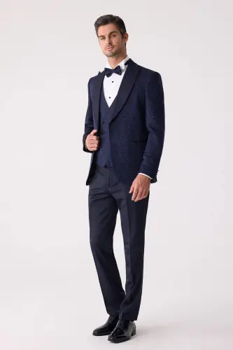 Erkaklar uchun ko'k rangli Slim Fit to'y kostyumi qaldirg'och yoqali naqshli - 5