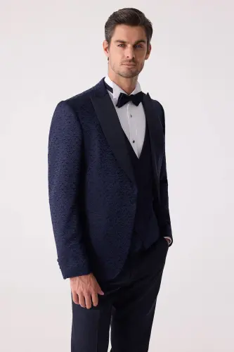 Erkaklar uchun ko'k rangli Slim Fit to'y kostyumi qaldirg'och yoqali naqshli - 6