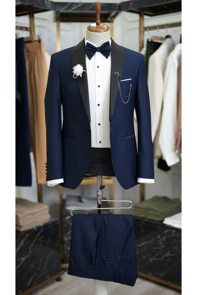 Erkaklar uchun ko'k rangli smokin damodlik, atlas sharf yoqali, italyancha kesilgan, Slim Fit - Xprzcom3590-02 - LONATOLİA