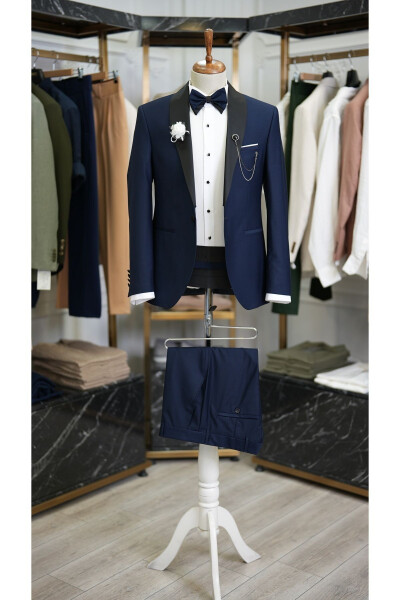 Erkaklar uchun ko'k rangli smokin damodlik, atlas sharf yoqali, italyancha kesilgan, Slim Fit - Xprzcom3590-02 - LONATOLİA (1)