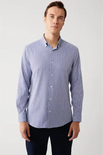 Erkaklar uchun ko'k rangli Travel unisex ko'ylak tugmali yoqa chiziqli oson parvarishlanadigan slim fit A32y2095 - 6