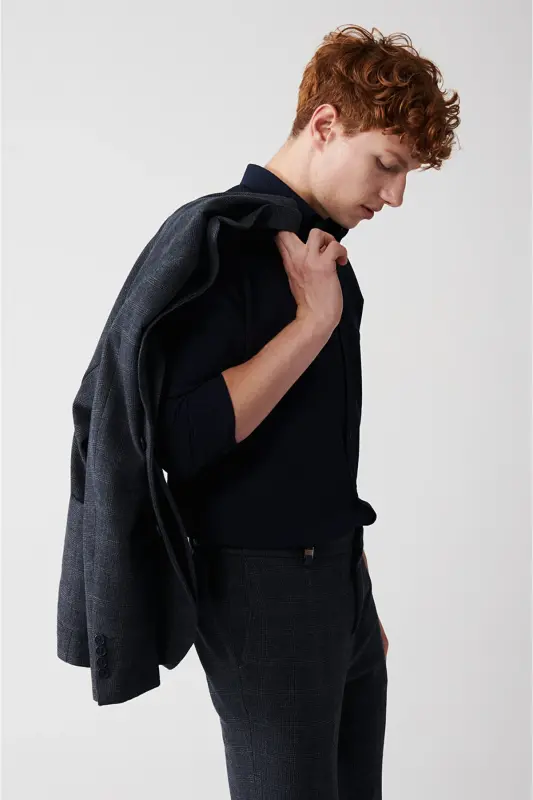 Erkaklar uchun ko'k rangli tugmali yoqa seersucker paxta komfortli kiyim A32y2071 - AVVA