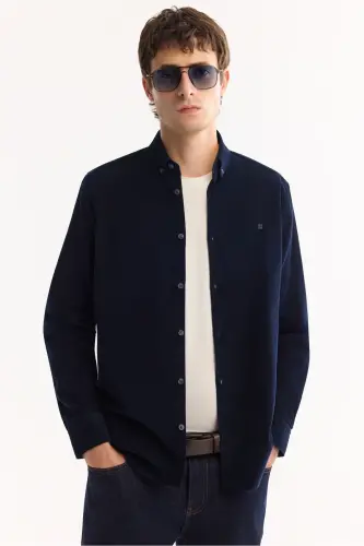 Erkaklar uchun ko'k rangli Unisex ko'ylak tugmali yoqa, chiziqli baxmal, 100% paxta, Regular Fit B002032 - 5