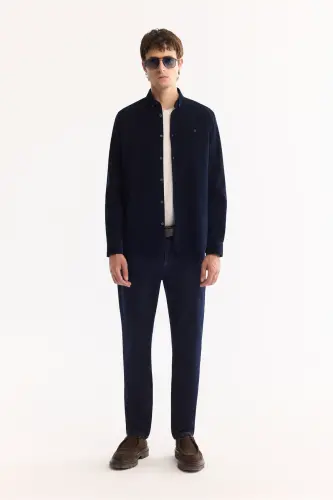 Erkaklar uchun ko'k rangli Unisex ko'ylak tugmali yoqa, chiziqli baxmal, 100% paxta, Regular Fit B002032 - 6