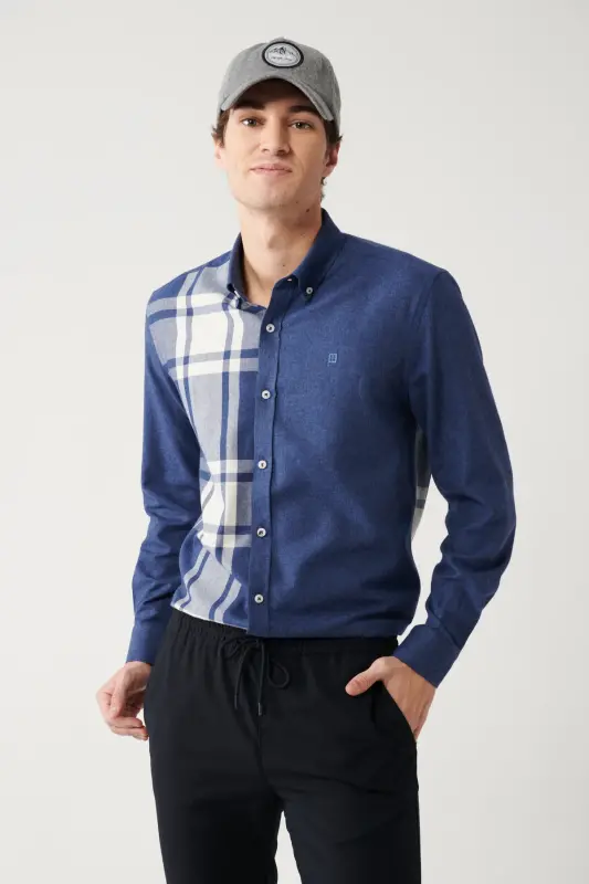 Erkaklar uchun ko'k rangli unisex yog'och kesuvchi ko'ylak tugmali yoqa 100% paxta kletkali flanel Comfort Fit A32y2119 - AVVA
