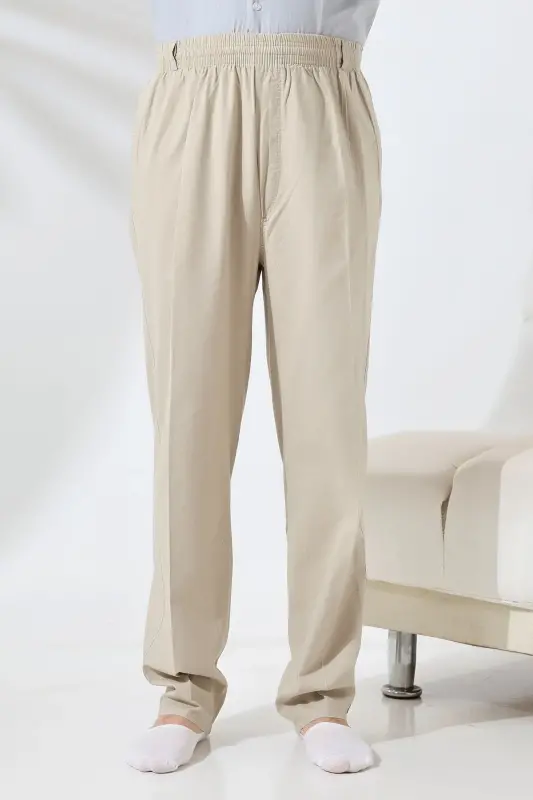 Erkaklar uchun krem rangli keng kesim, bel qismi kauchukli zig'ir Hajj va Umrah shim shalovi - 2