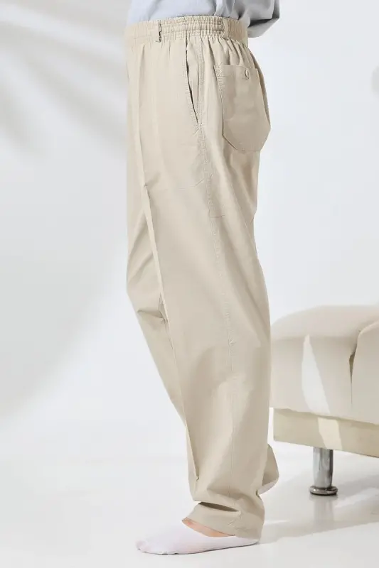 Erkaklar uchun krem rangli keng kesim, bel qismi kauchukli zig'ir Hajj va Umrah shim shalovi - 3