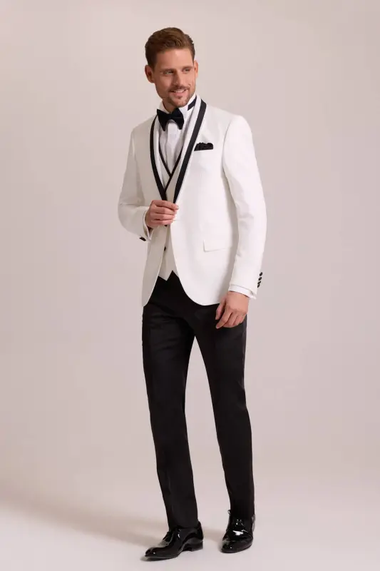 Erkaklar uchun krem rangli slim fit yelek bilan shawl yoqali damatlik kostyumi - 2
