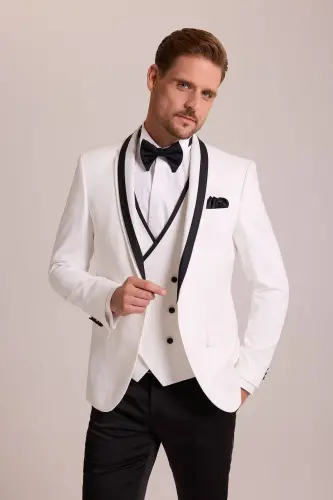 Erkaklar uchun krem rangli slim fit yelek bilan shawl yoqali damatlik kostyumi - 3