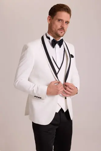 Erkaklar uchun krem rangli slim fit yelek bilan shawl yoqali damatlik kostyumi - 5