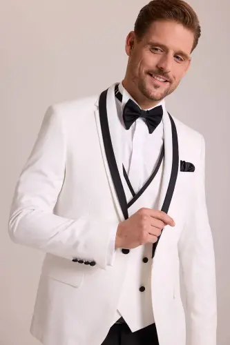 Erkaklar uchun krem rangli slim fit yelek bilan shawl yoqali damatlik kostyumi - 7