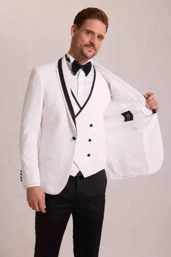 Erkaklar uchun krem rangli slim fit yelek bilan shawl yoqali damatlik kostyumi - 8