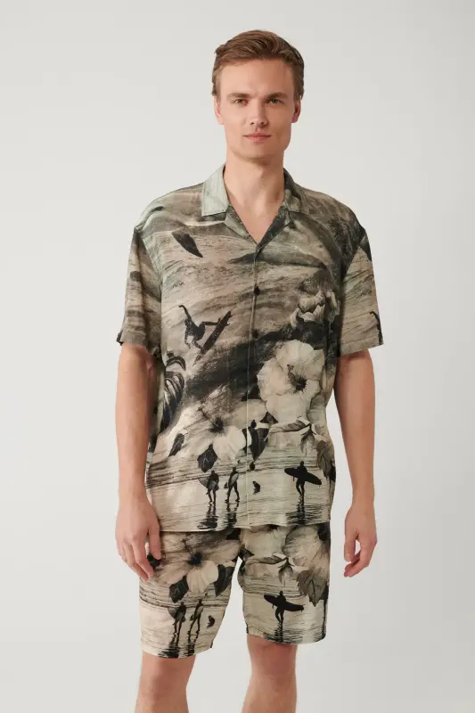 Erkaklar uchun kulrang ko'ylak Apaj yoqasi Viskoz tema naqshli Oversize fit A41y2218 - AVVA