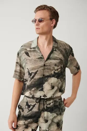 Erkaklar uchun kulrang ko'ylak Apaj yoqasi Viskoz tema naqshli Oversize fit A41y2218 - 4