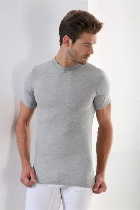 Erkaklar uchun kulrang T-Shirt, yumaloq yoqa, qisqa yengli, 3 dona paket, 100% paxta - 4