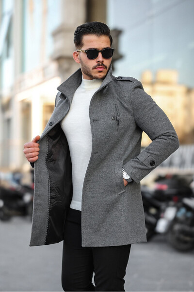 Erkaklar uchun kulrang tor kesimli tik yoqa uzun jun aralashgan kashmir palto - MERO LIFE
