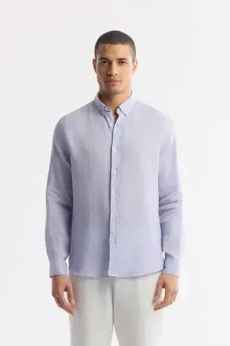 Erkaklar uchun lilac rangli ko'ylak 100% zig'ir tugmali yoqa Comfort Fit B002191 - 1