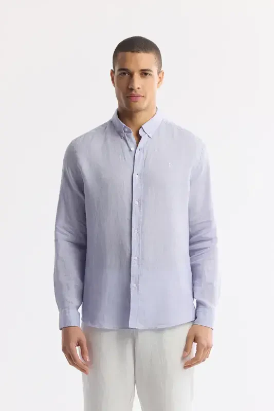 Erkaklar uchun lilac rangli ko'ylak 100% zig'ir tugmali yoqa Comfort Fit B002191 - AVVA